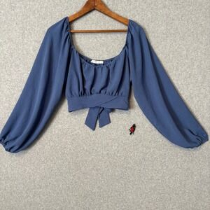 Altar'd State Womens XXL Crop Top Blue Balloon Sleeve Tie Back Fairy Cottagecore